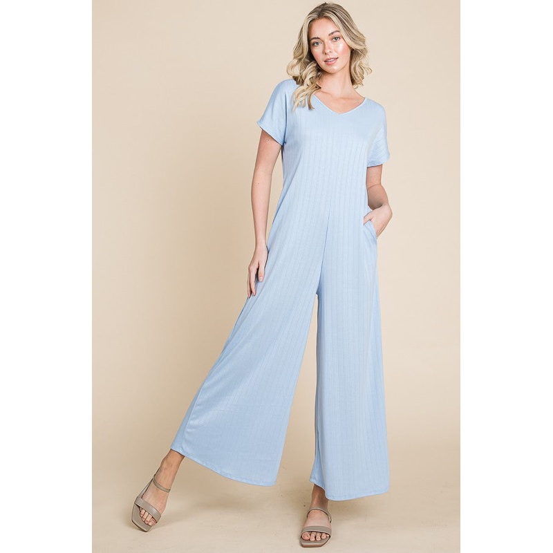 Light Blue Ribbed Wide Leg Jumpsuit