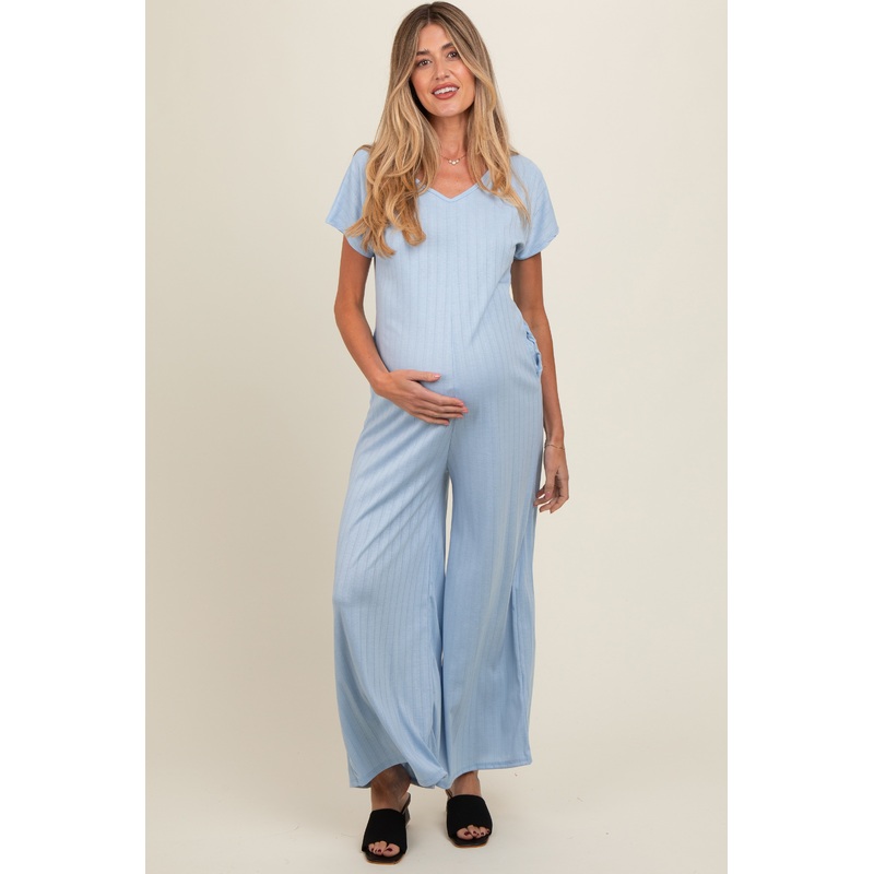 Light Blue Ribbed Wide Leg Maternity Jumpsuit