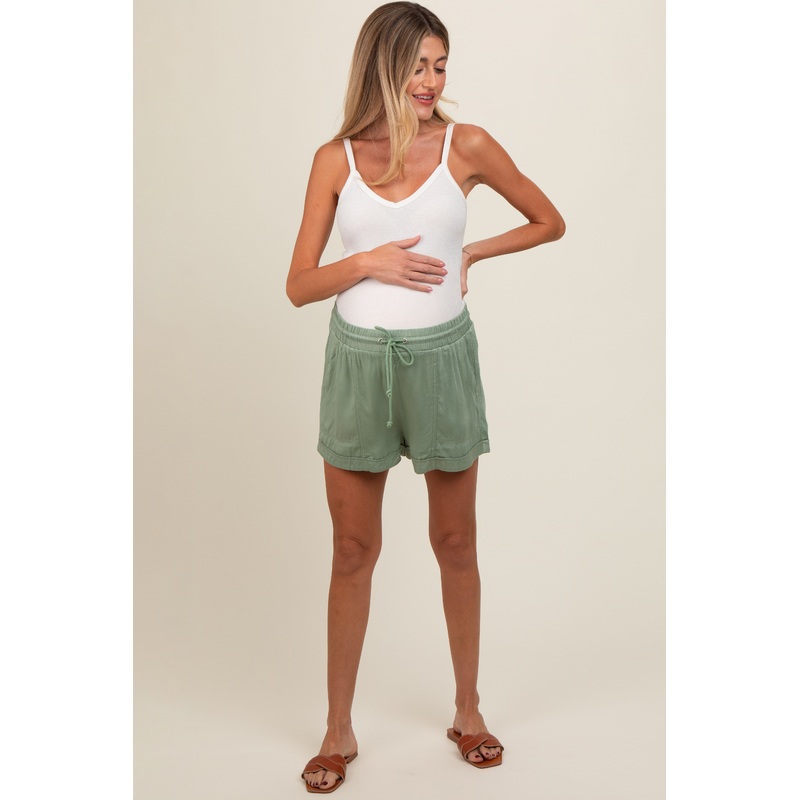 Light Olive Drawstring Waist Tie Maternity Shorts