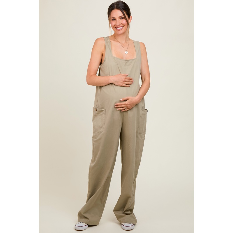Olive Sleeveless Wide Leg Cutout Back Maternity Jumpsuit