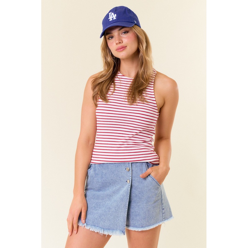 Red Striped High Neckline Tank