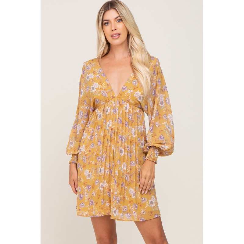Yellow Floral Chiffon Pleated Long Sleeve Dress
