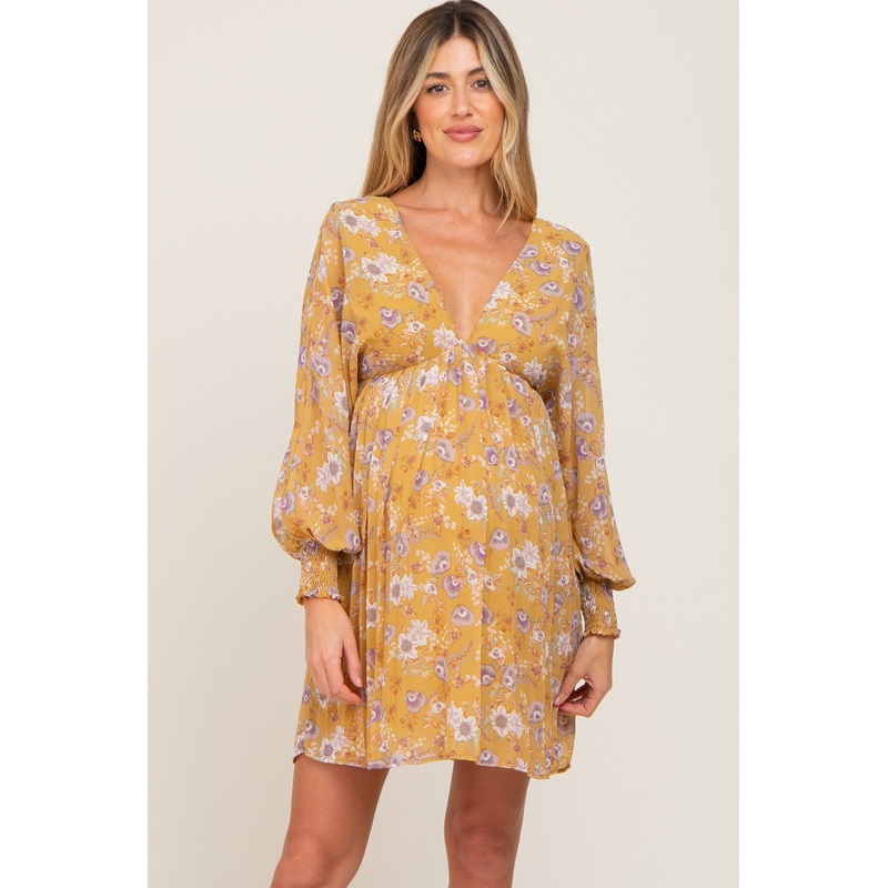 Yellow Floral Chiffon Pleated Long Sleeve Maternity Dress