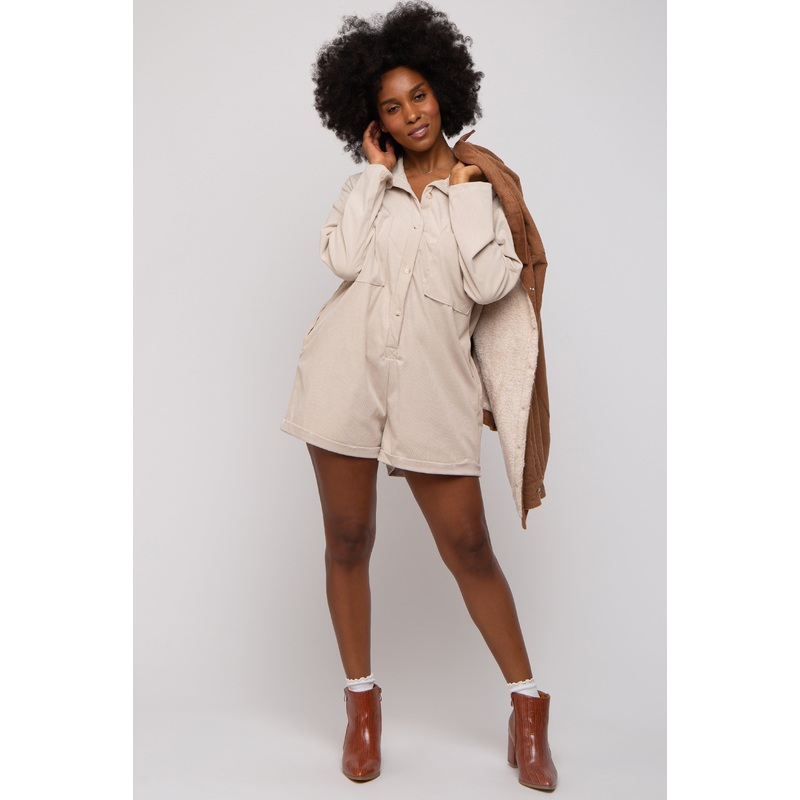 Beige Corduroy Button Up Front Pocket Romper