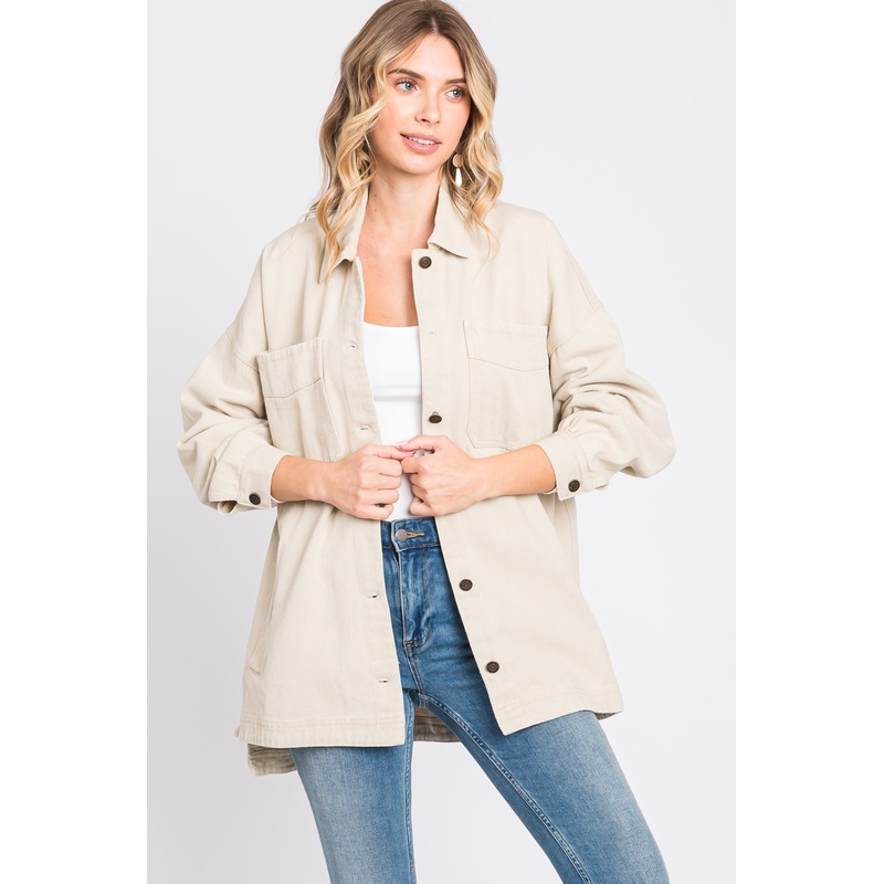 Beige Denim Button Down Button Down Jacket