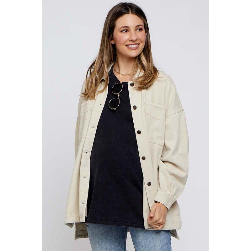 Beige Denim Button Down Button Down Maternity Jacket