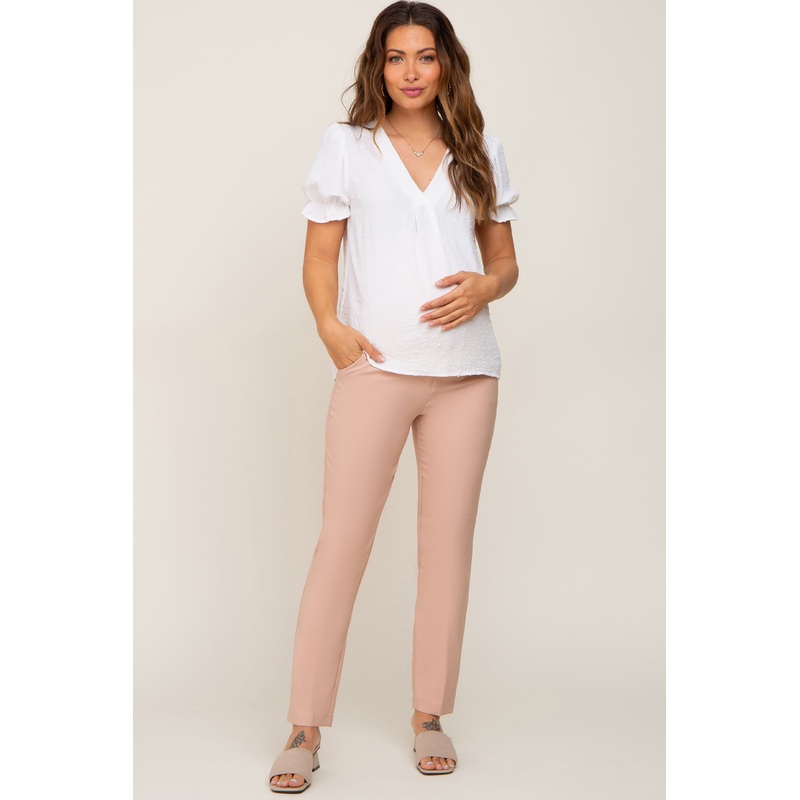 Beige Stretchy Slim Fit Crop Maternity Dress Pants