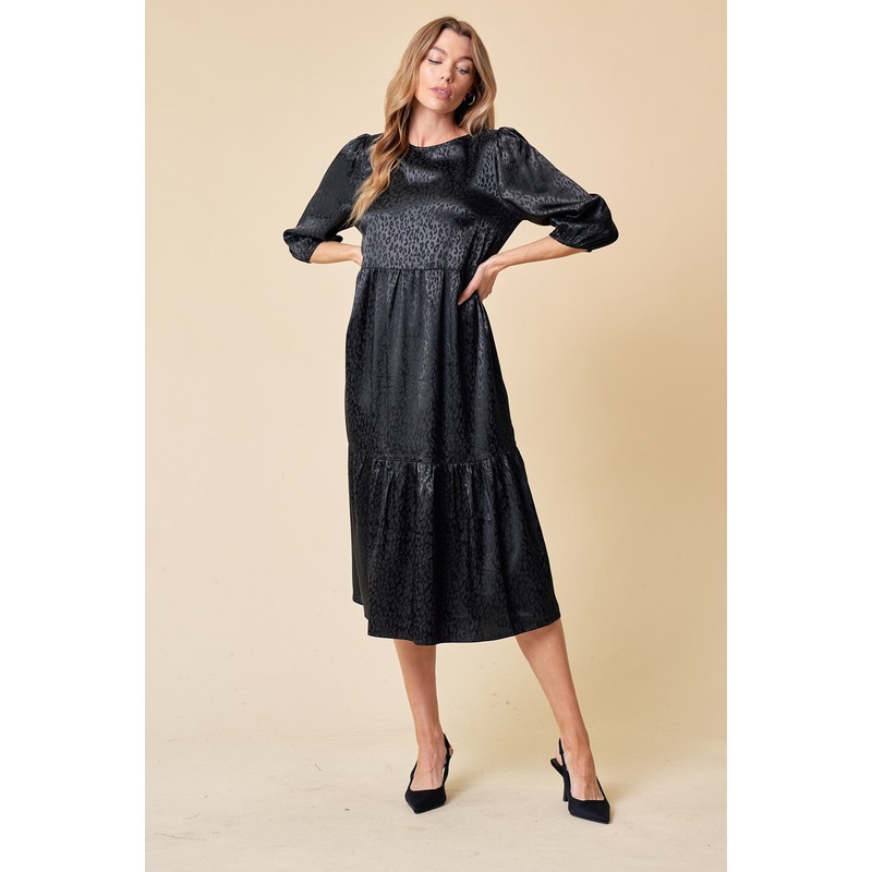 Black 3/4 Sleeve Tiered Midi Dress