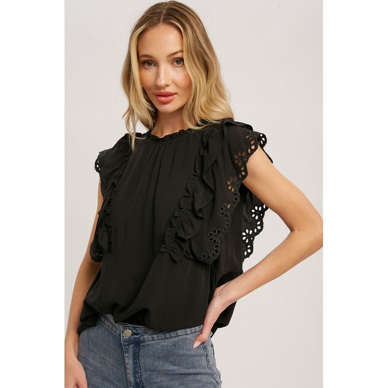 Black Ruffled Eyelet Lace Blouse