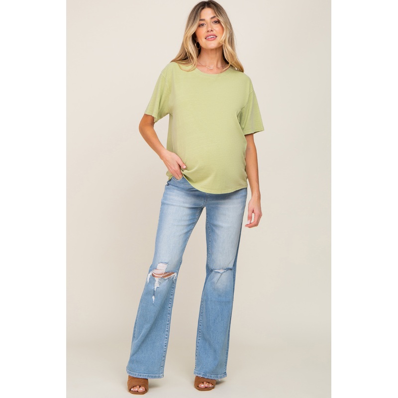 Blue Distressed Exposed Knee Maternity Flare Jeans