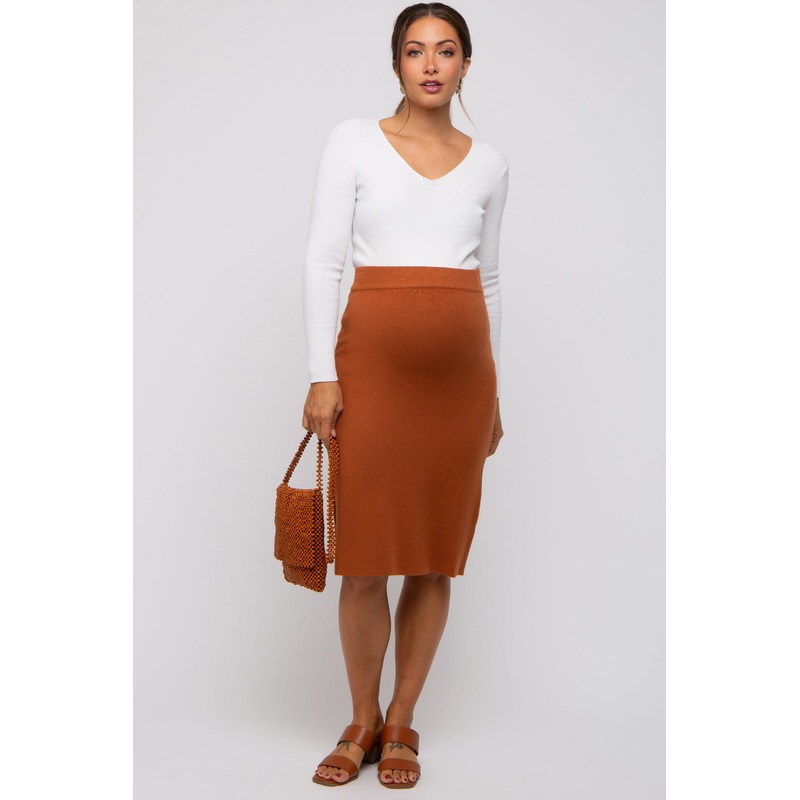 Brown Knit Fitted Maternity Skirt