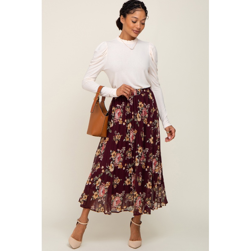 Burgundy Floral Chiffon Pleated Skirt
