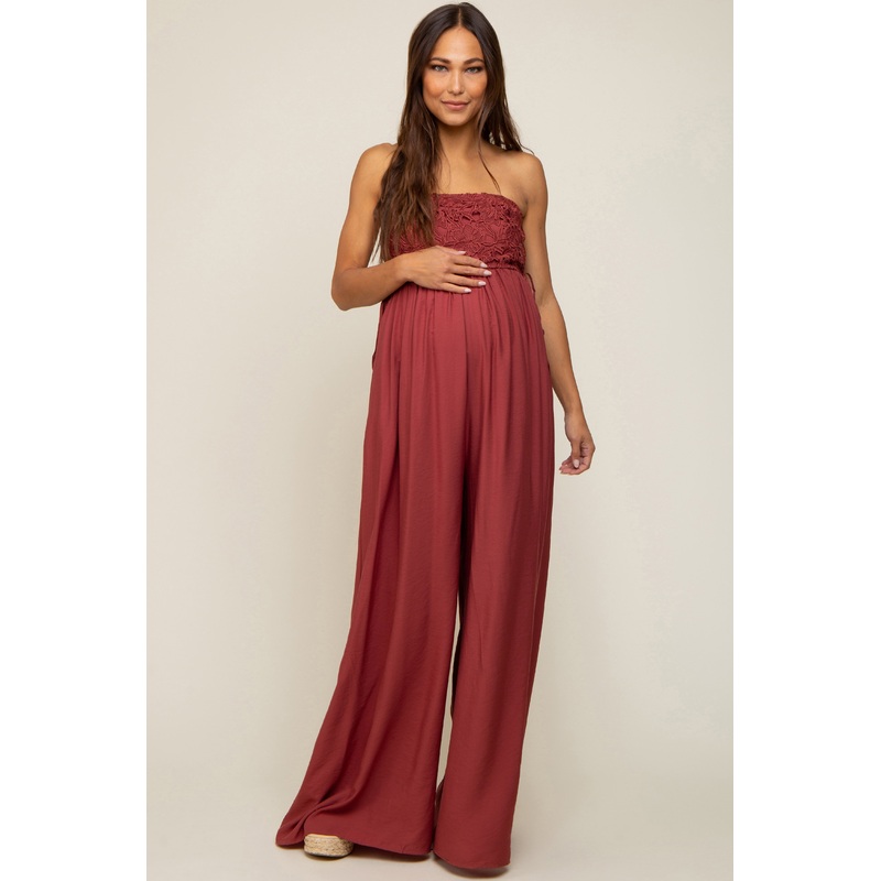 Burgundy Lace Strapless Maternity Wide Leg Jumpsuit