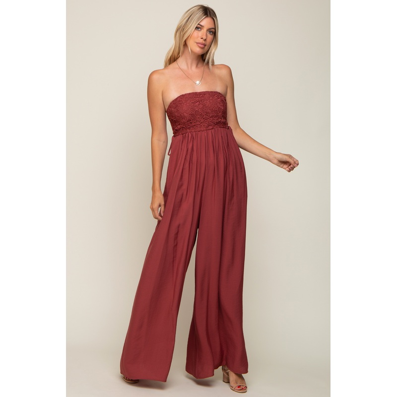Burgundy Lace Strapless Wide Leg Jumpsuit