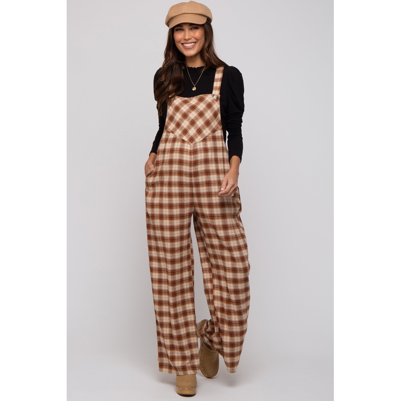 Camel Plaid Button Front Wide Leg Maternity Overalls
