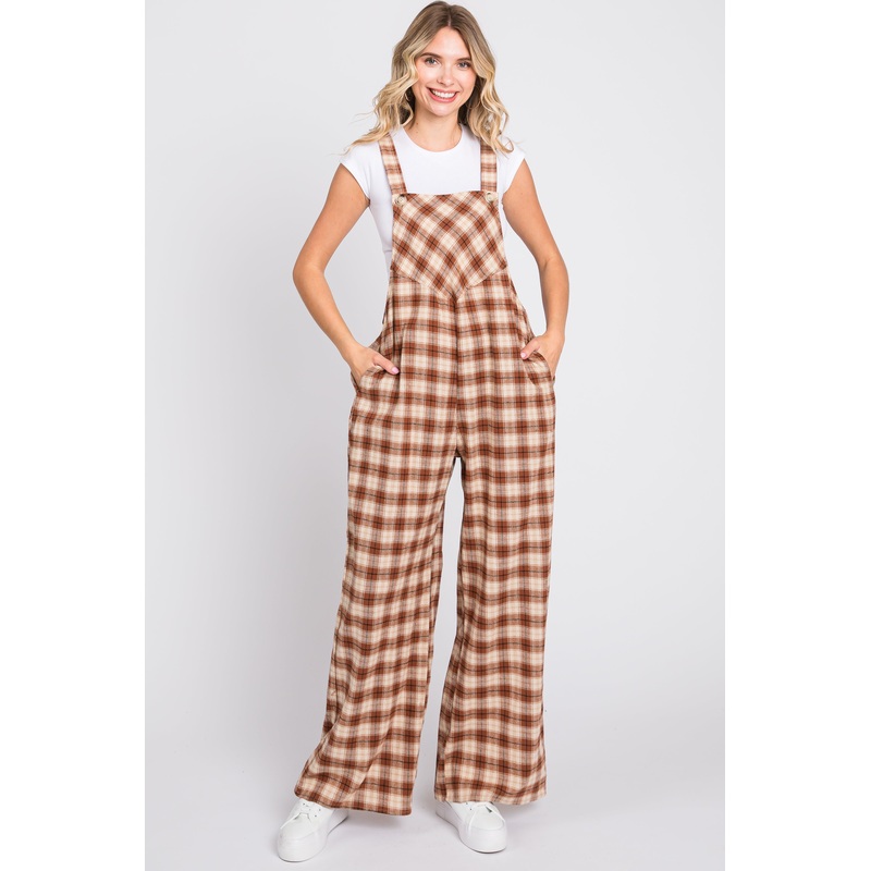 Camel Plaid Button Front Wide Leg Overalls