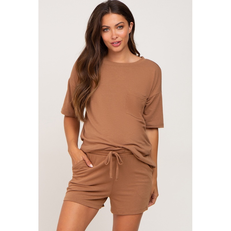 Camel Pocket Front Maternity Pajama Short Set