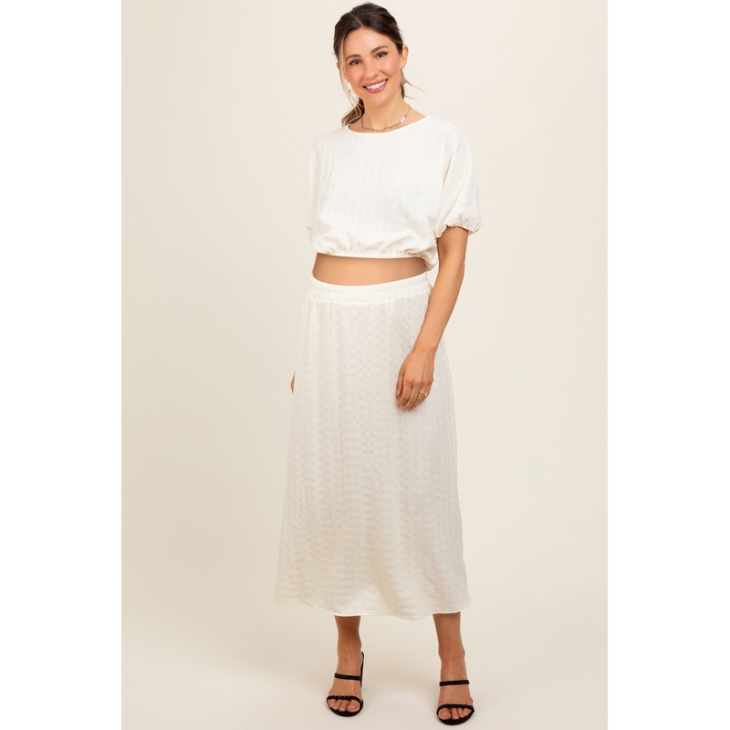 Cream Waffle Texture Crop Top and Skirt Maternity Set