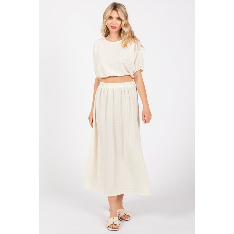 Cream Waffle Texture Crop Top and Skirt Set
