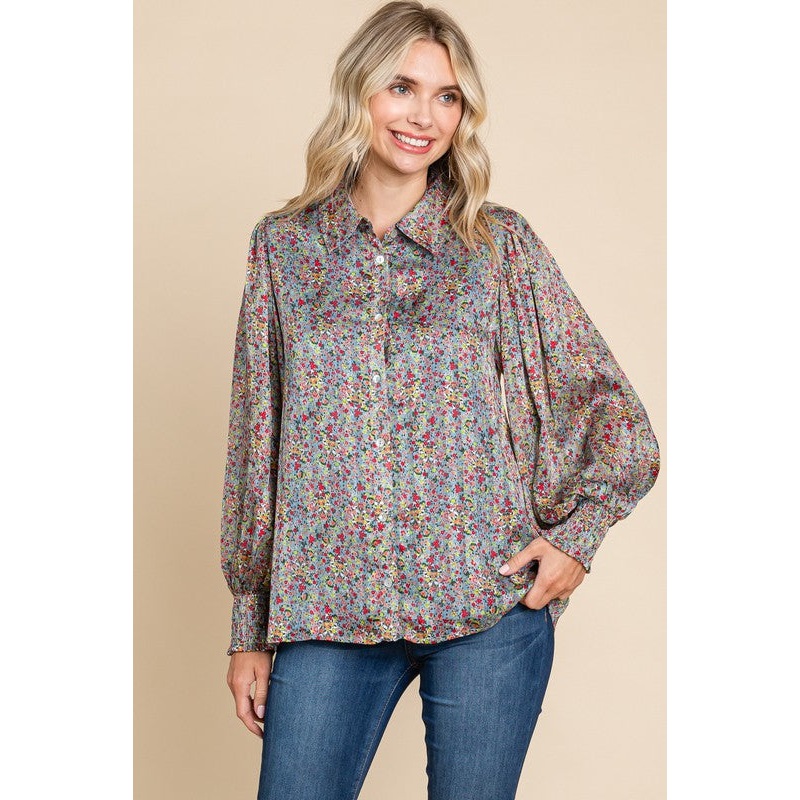 Red Mix Floral Satin Long Peasant Sleeves Top