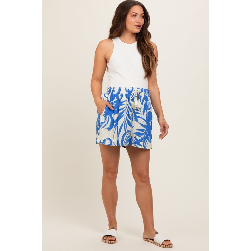 Royal Floral Drawstring Tassel Maternity Shorts