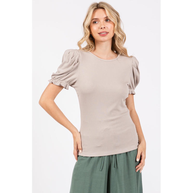 Taupe Ribbed Puff Sleeve Top