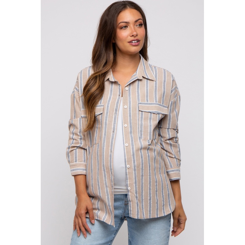 Taupe Striped Button Up Maternity Top