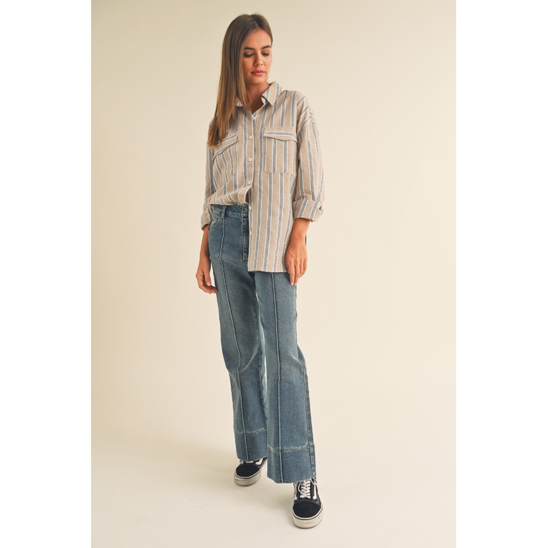 Taupe Striped Button Up Top
