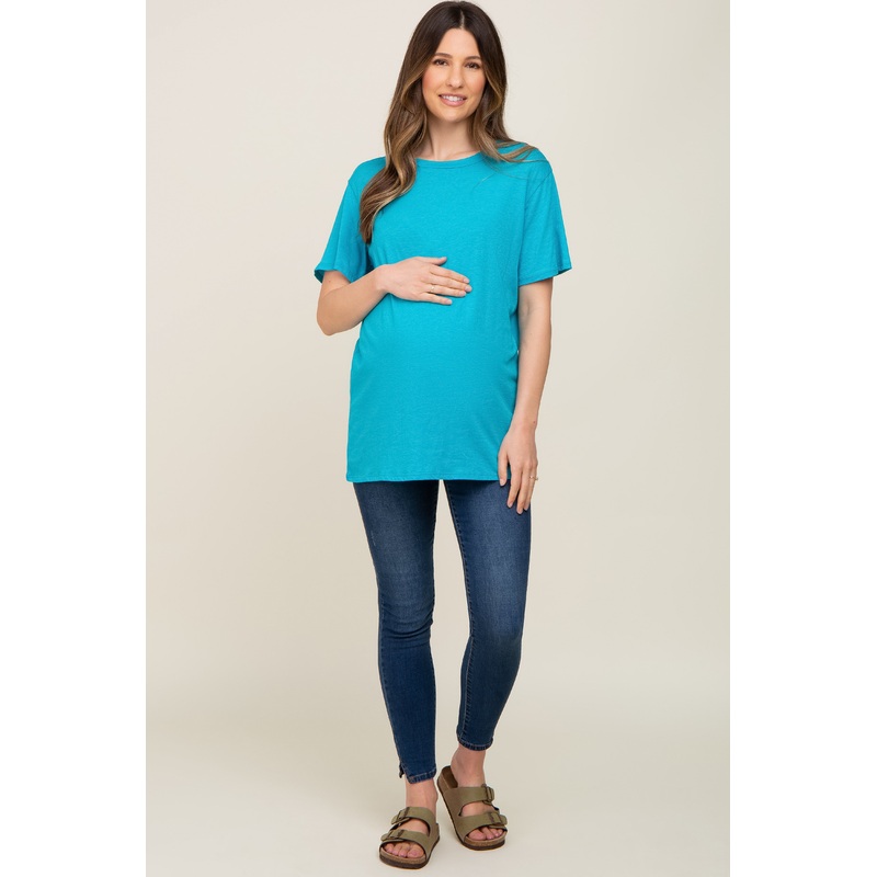 Turquoise Oversized Short Sleeve Maternity Top
