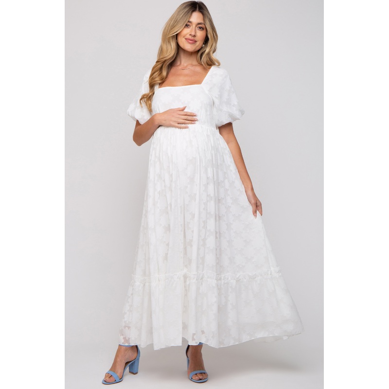 White Floral Chiffon Smocked Square Neck Maternity Maxi Dress