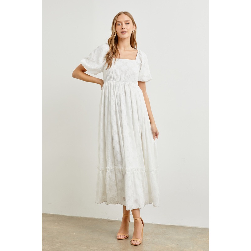 White Floral Chiffon Smocked Square Neck Maxi Dress