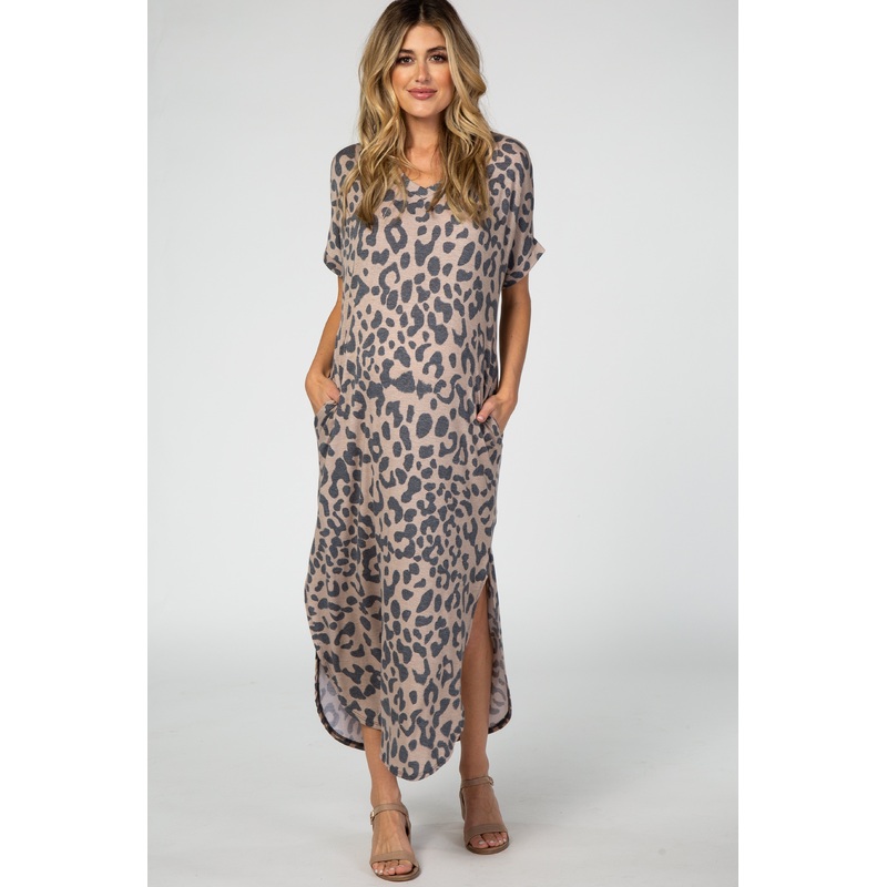 Beige Leopard Print V-Neck Maternity Maxi Dress