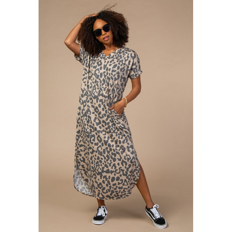 Beige Leopard Print V-Neck Maxi Dress