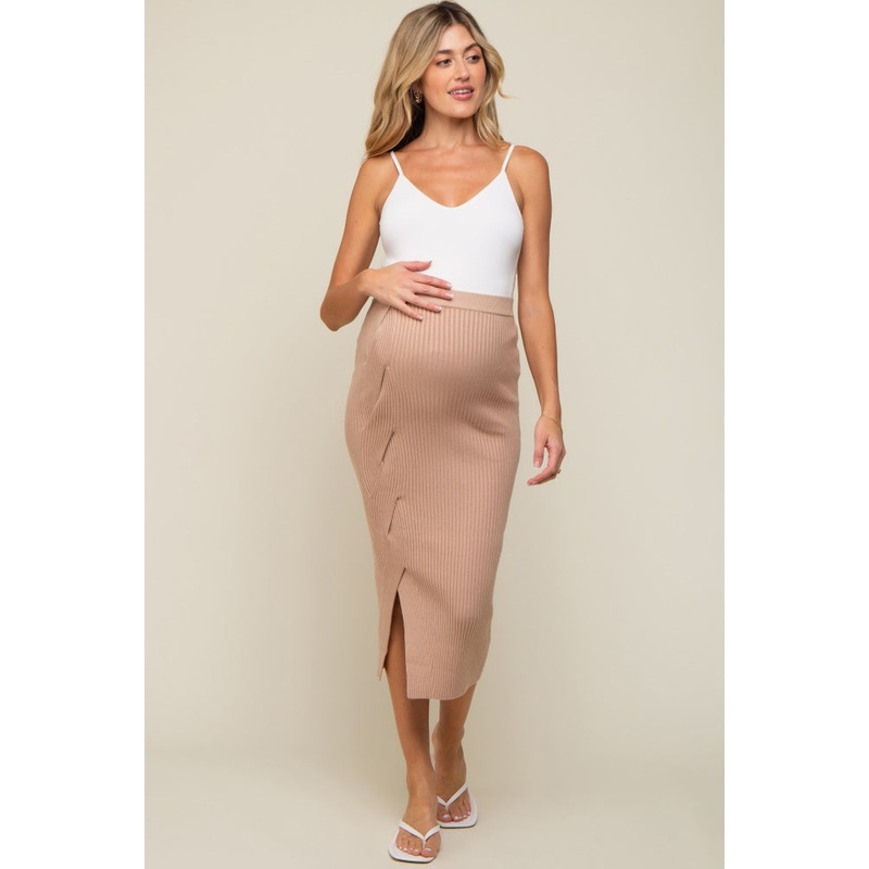 Beige Ribbed Braided Side Maternity Midi Skirt