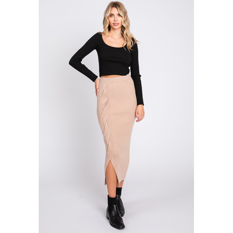 Beige Ribbed Braided Side Midi Skirt