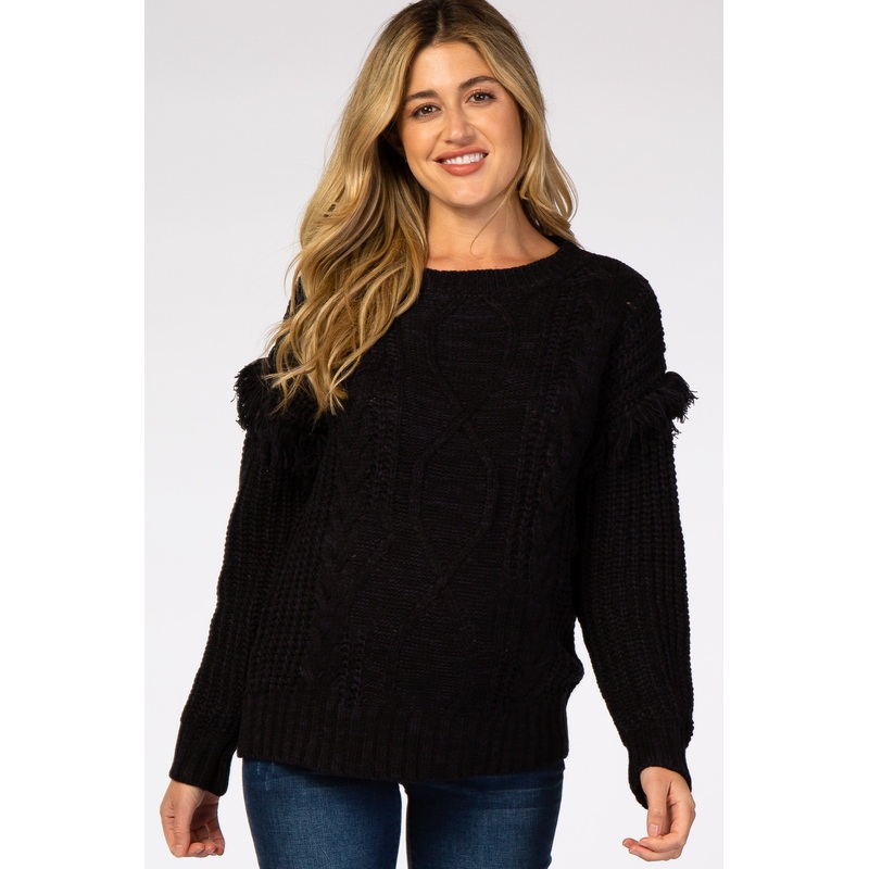 Black Cable Knit Fringe Sleeve Maternity Sweater