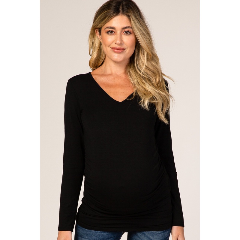 Black Long Sleeve Fitted Ruched Maternity Top