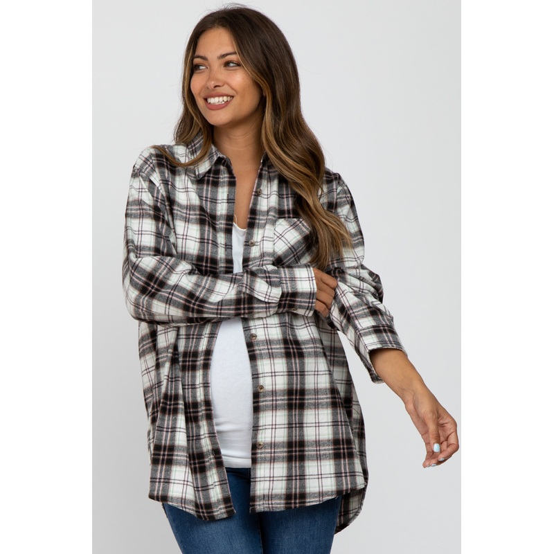 Black Plaid Button Up Collared Flannel Maternity Top