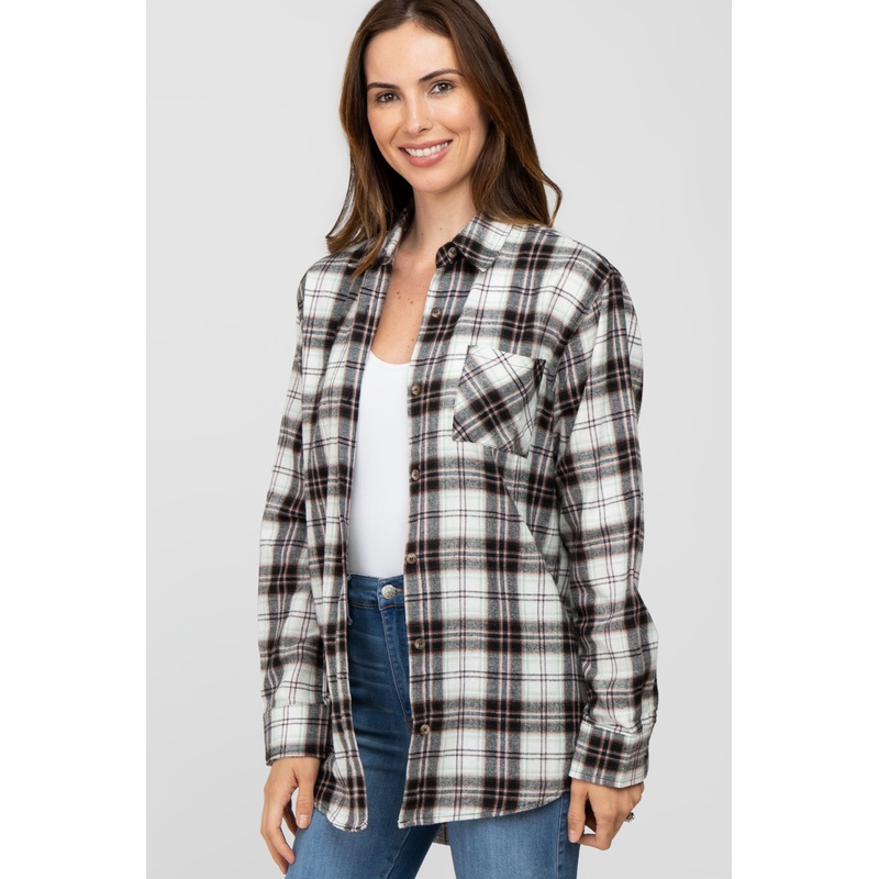 Black Plaid Button Up Collared Flannel Top