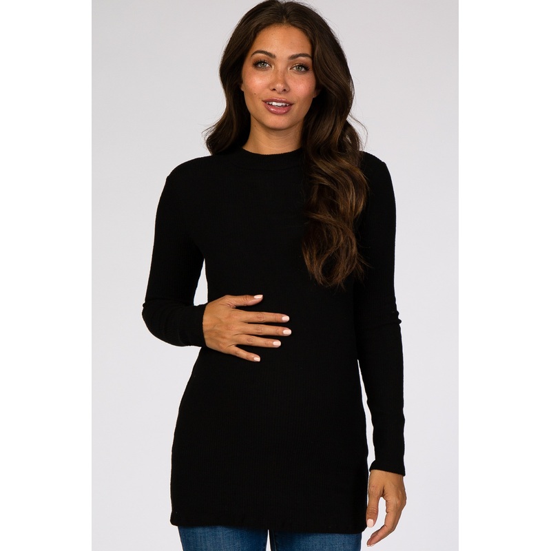 Black Ribbed Long Sleeve Mock Neck Maternity Top