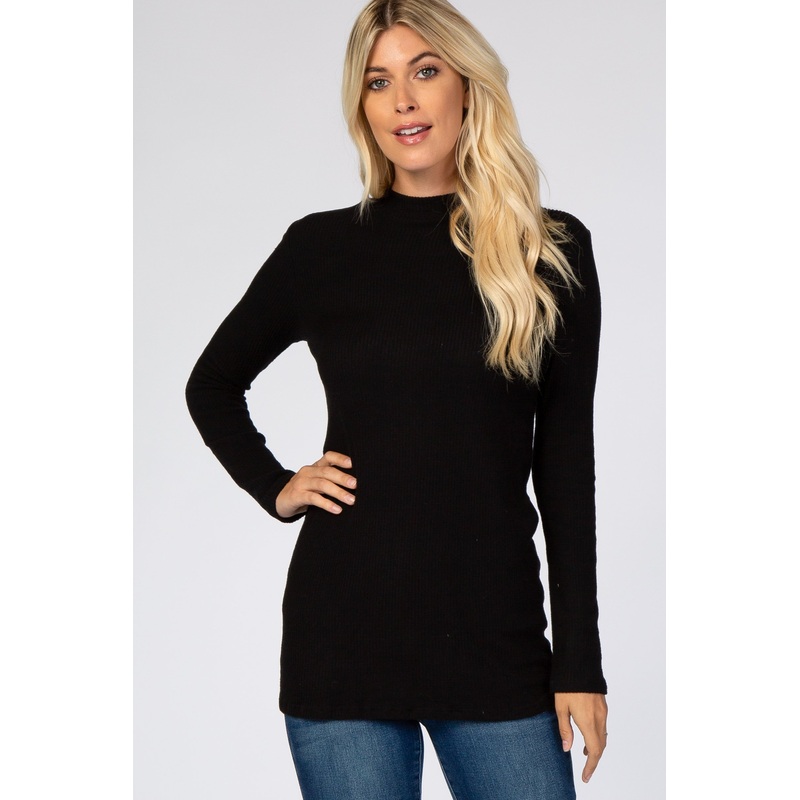 Black Ribbed Long Sleeve Mock Neck Top