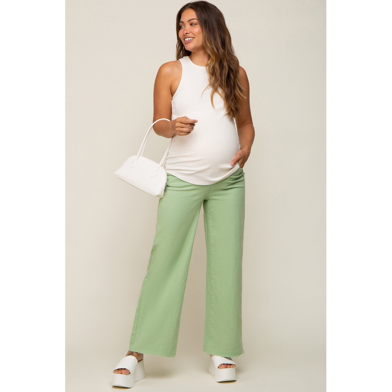 Mint Green Wide Leg Raw Hem Maternity Jeans