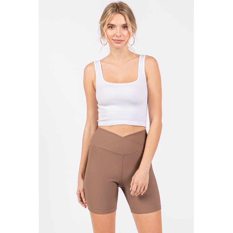 Mocha Ribbed Crisscross Biker Shorts