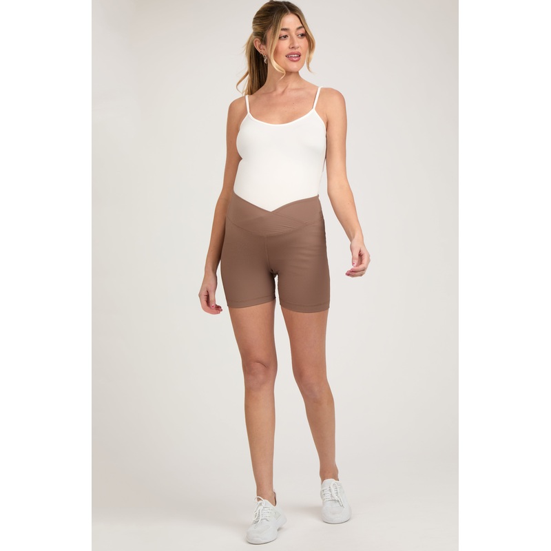 Mocha Ribbed Crisscross Maternity Biker Shorts