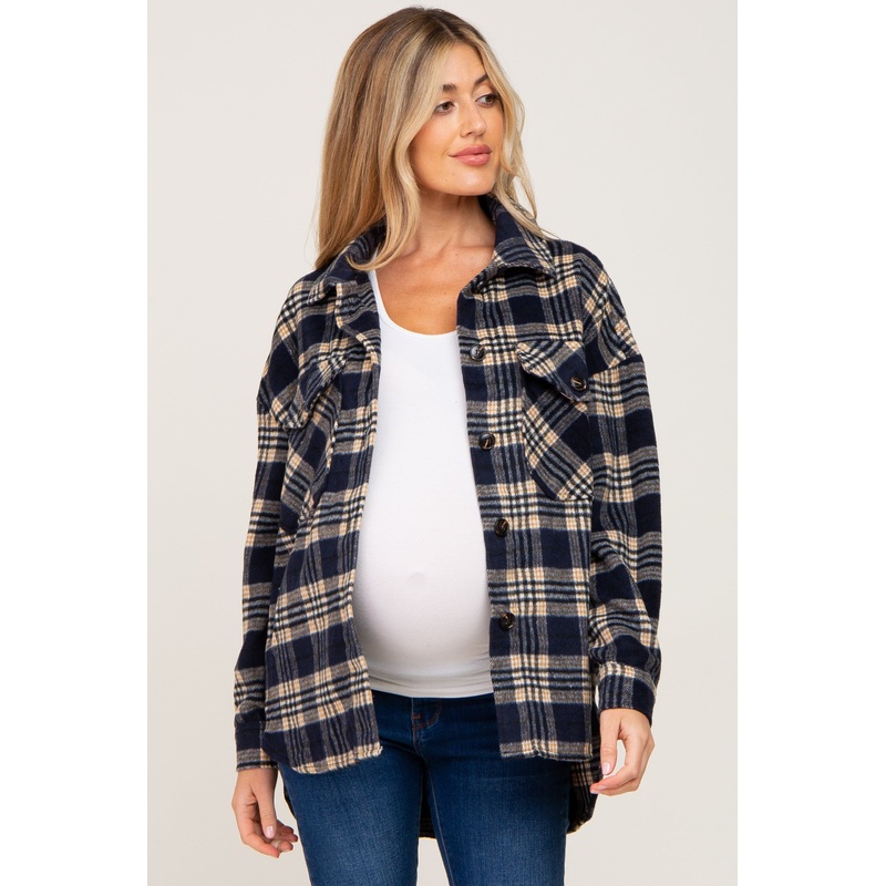 Navy Plaid Maternity Shirt Jacket