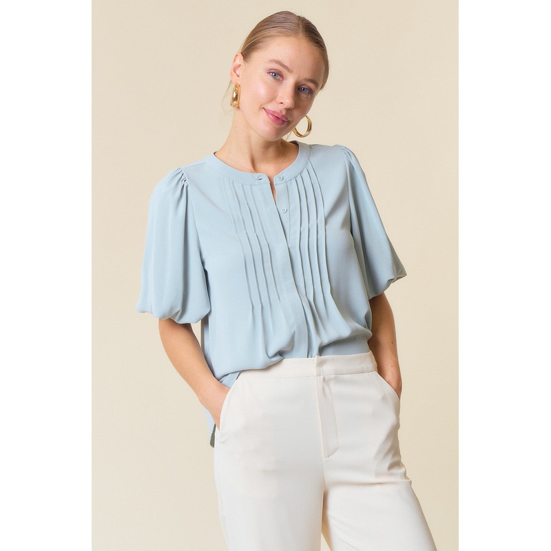 Sage Bubble Short Sleeve Pintuck Button Down Blouse