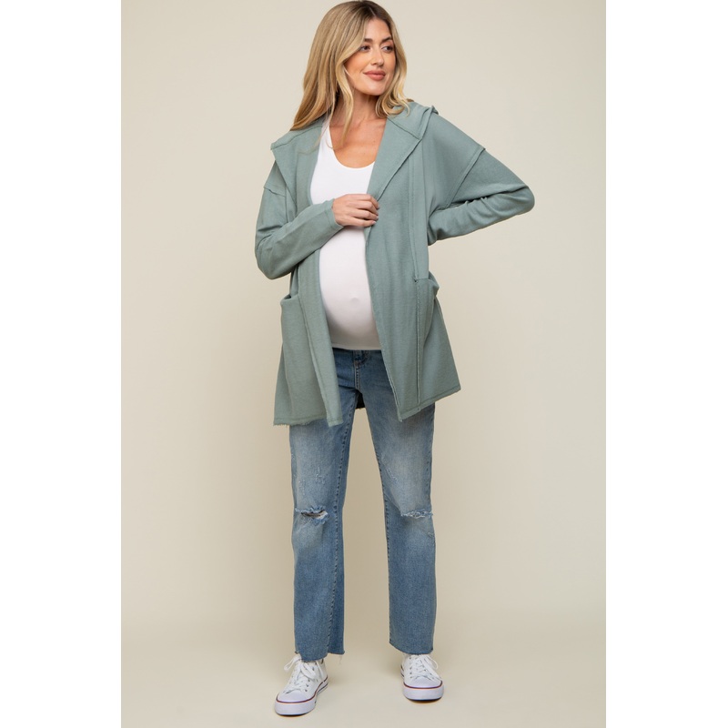 Sage Raw Hem Hooded Maternity Cardigan