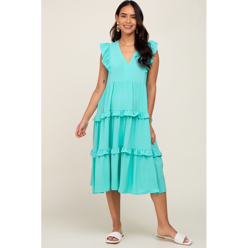 Turquoise Sleeveless Ruffle Tiered Maternity Dress