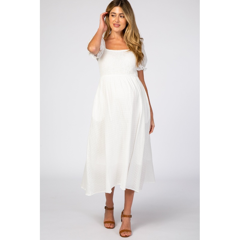 White Smocked Puff Sleeve Maternity Midi Dress