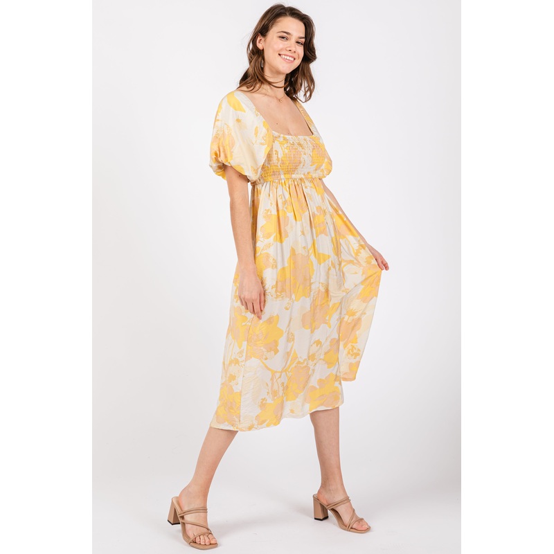 Yellow Floral Square Neck Smocked Short Puff Sleeve Midi Dress